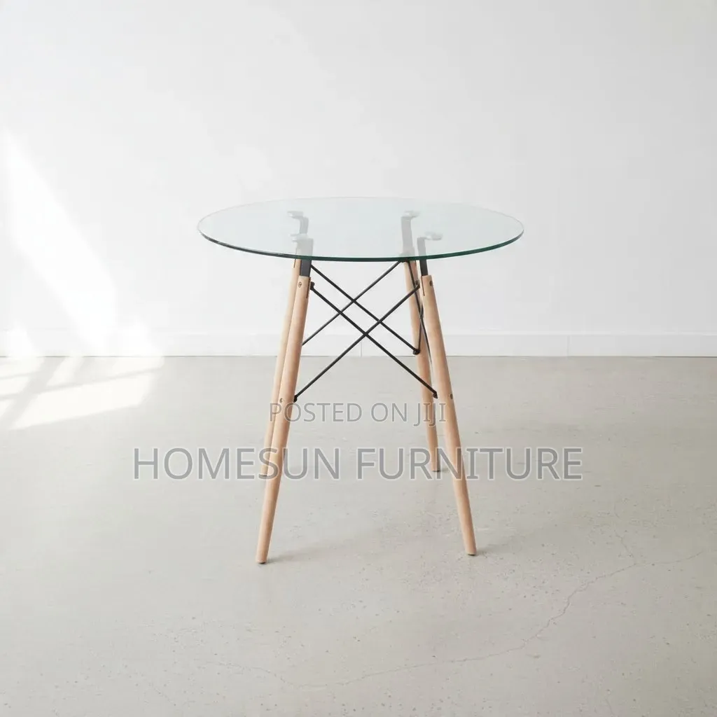 Dining Table – Round Glass Top With Wooden Legs