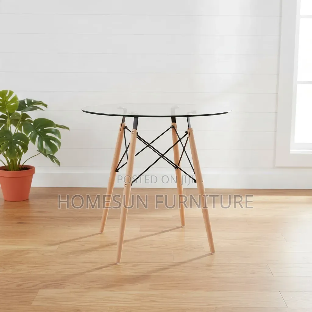 Dining Table – Round Glass Top With Wooden Legs