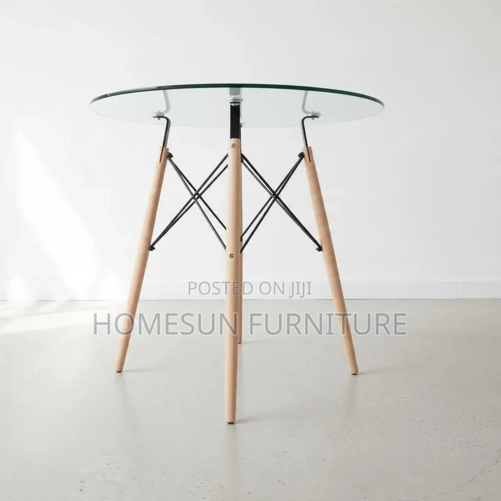 Dining Table – Round Glass Top With Wooden Legs