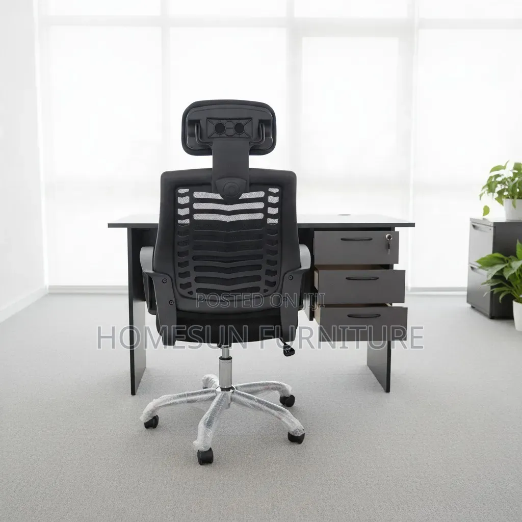Office Chair and Desk – Black Mesh Headrest Executive Seat