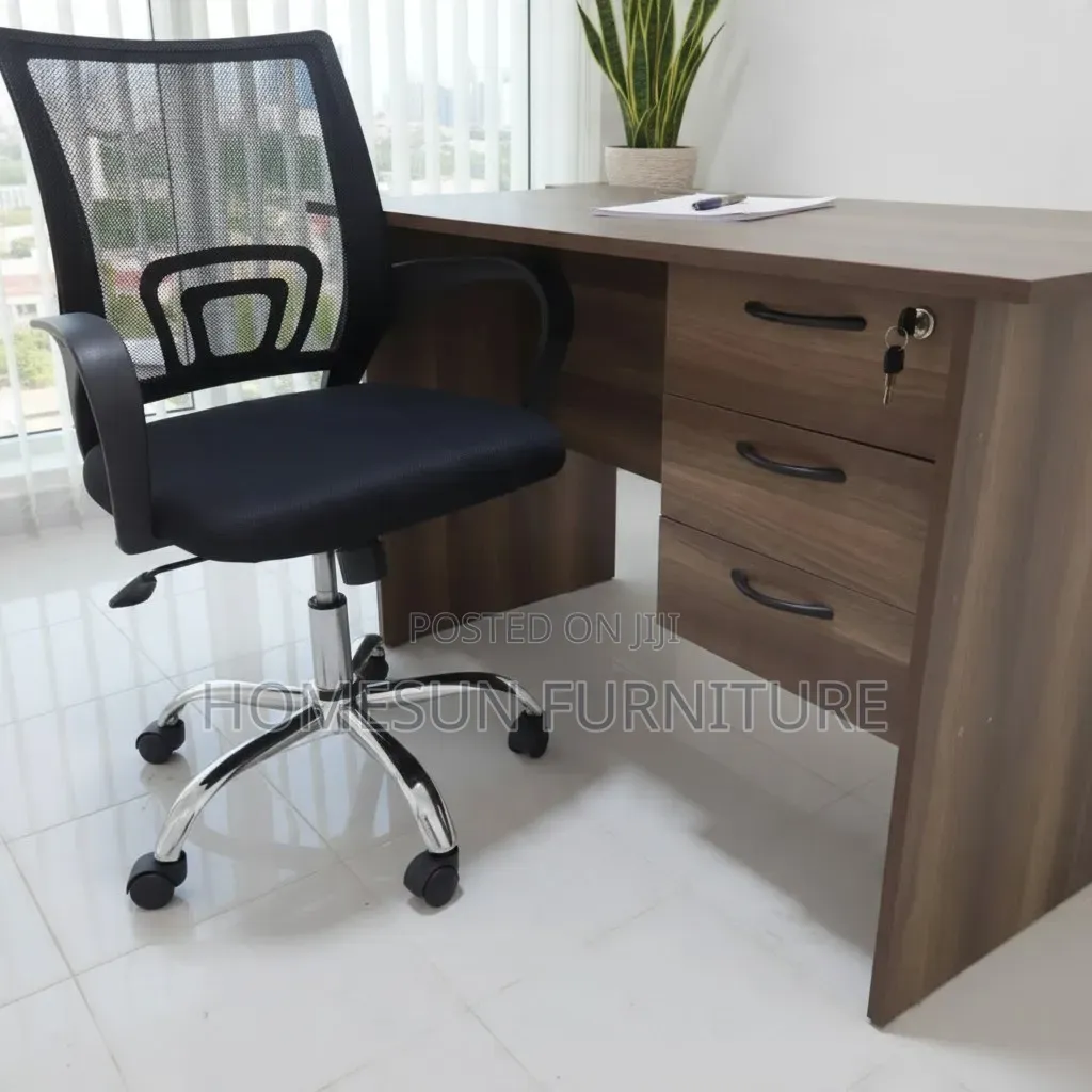 Both Office Desk and Office Chair – Black Mesh With Lumbar Support