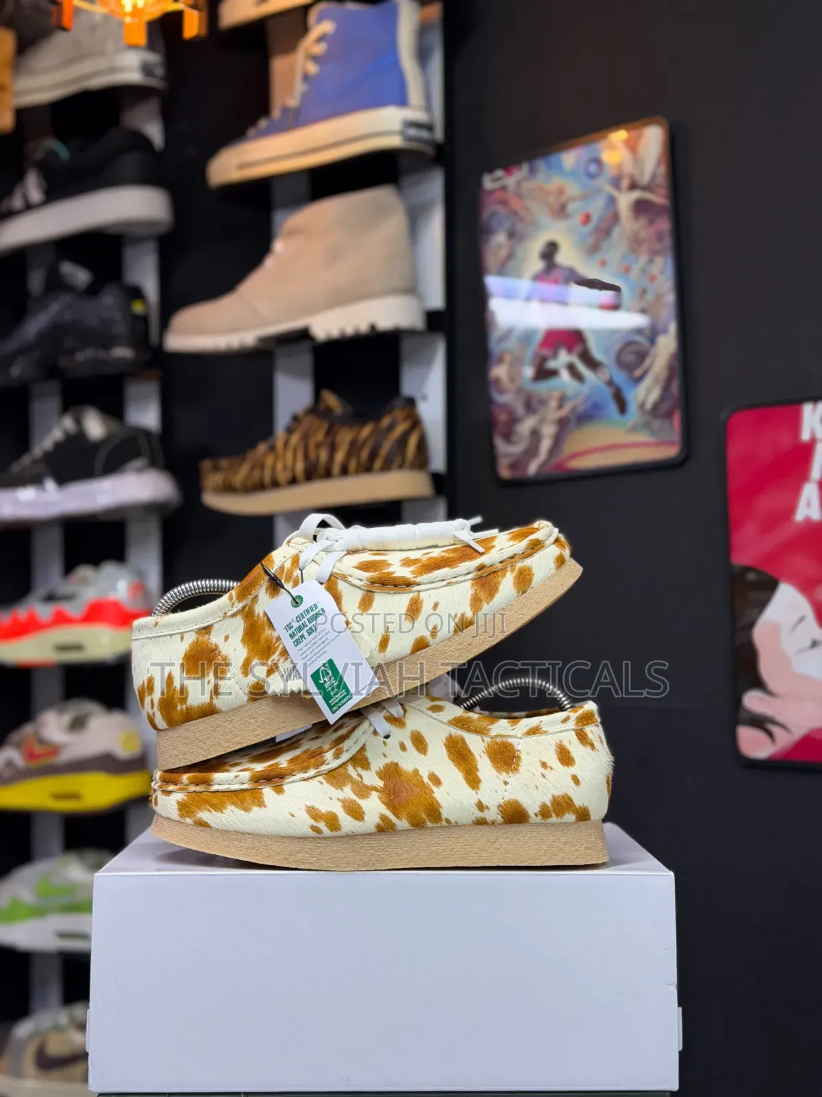 Clarks Originals Wallabee Shoes in a Tan and White Cow-Print Hair