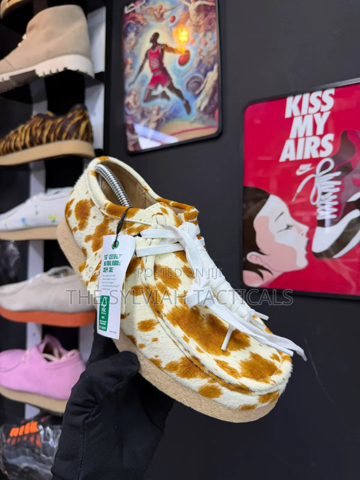 Clarks Originals Wallabee Shoes in a Tan and White Cow-Print Hair