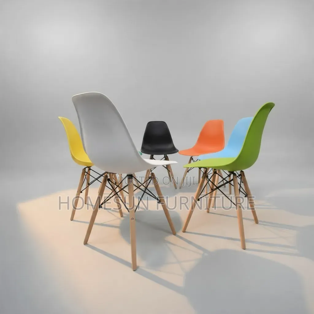 Dining Chair – Colourful Plastic Seat With Wooden Legs