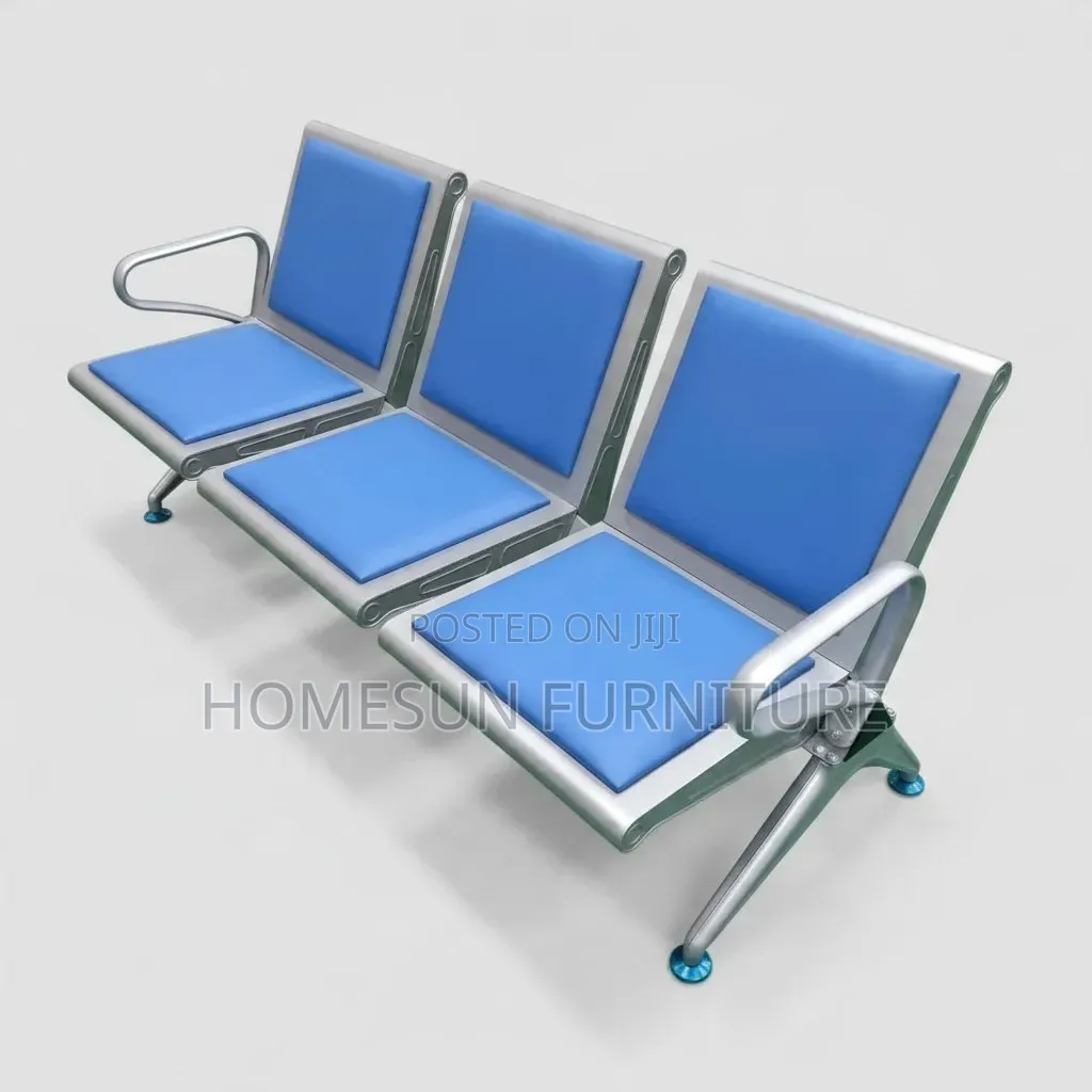 Waiting Bench – Three-Seater Blue Cushioned Metal Seat