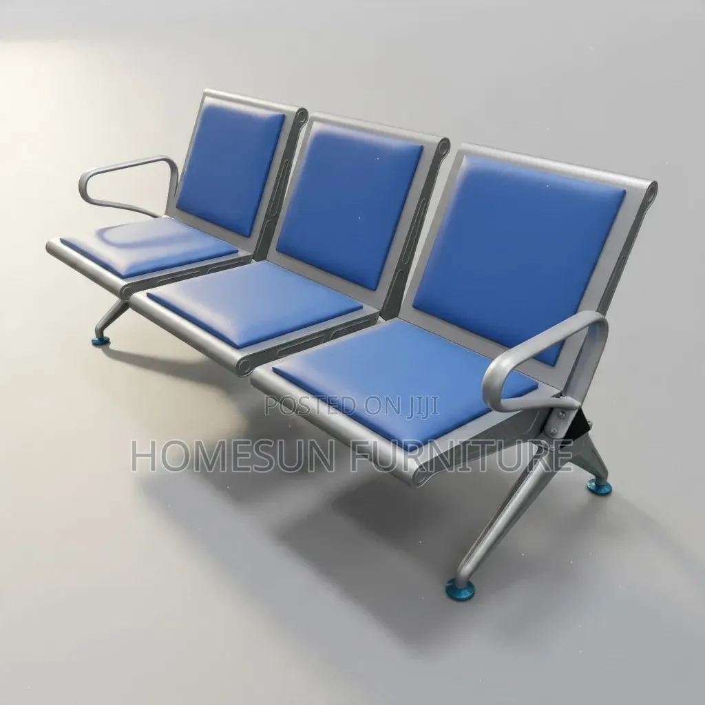 Waiting Bench – Three-Seater Blue Cushioned Metal Seat