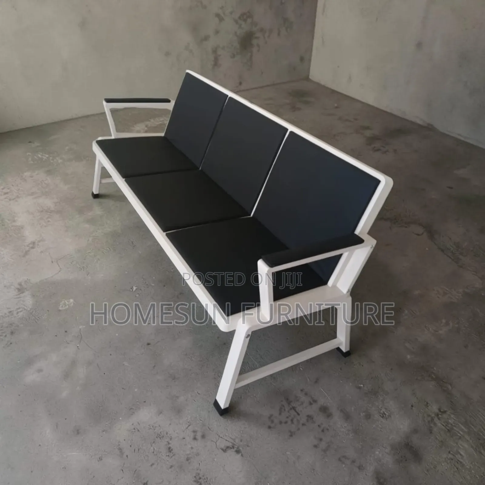 Office Bench – 3-Seater Black Cushions With White Frame