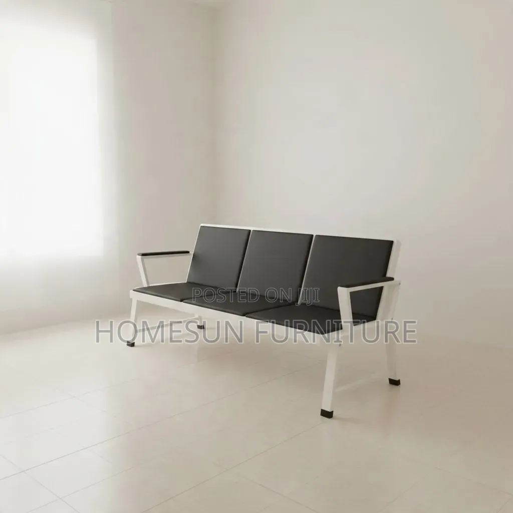 Office Bench – 3-Seater Black Cushions With White Frame