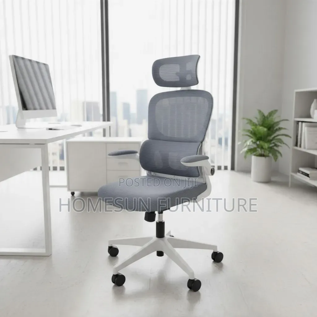 Office Chair – Grey Ergonomic High-Back With Headrest