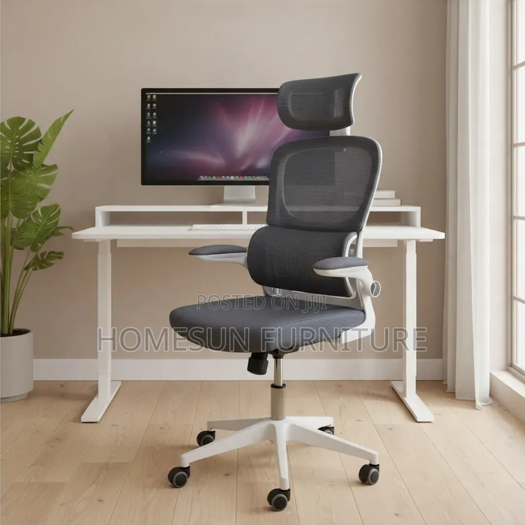 Office Chair – Grey Ergonomic High-Back With Headrest