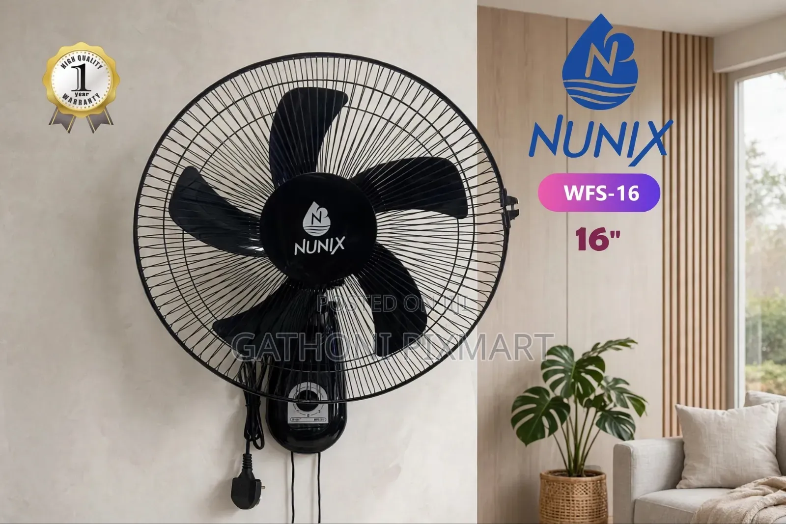 Nunix 16 Inch Wall Mounted Cooling Fan for Indoor Use