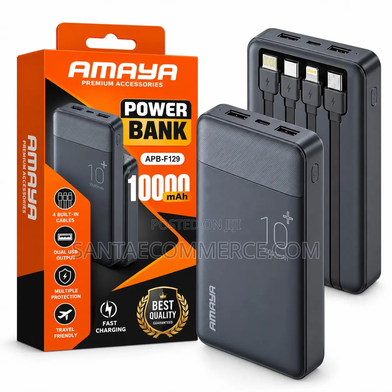 Amaya APB-F129 10000mAh Power Bank With Built-in Cables KSh1,100