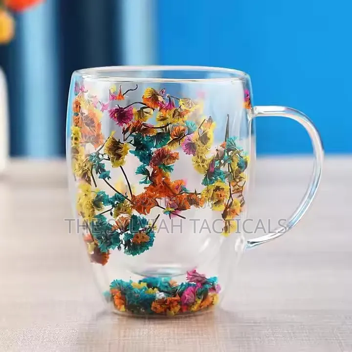 Double Wall Glass Coffee Mug With Colorful Floral Design
