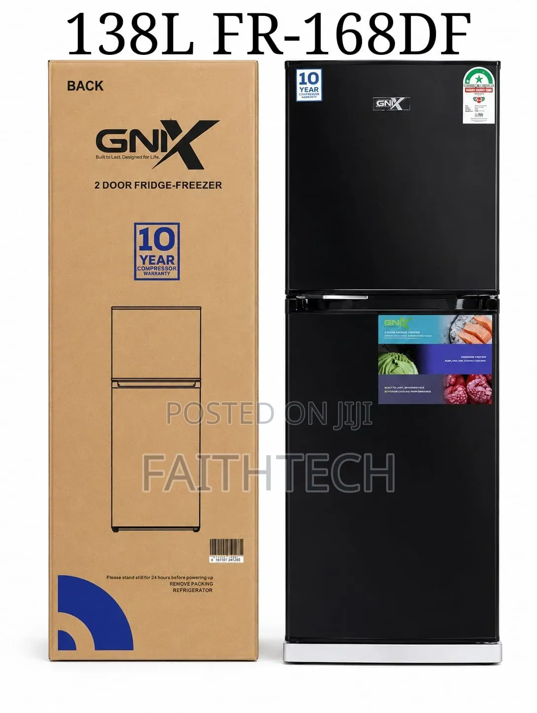 GNIX 138L FR-168DF 2-Door Fridge-Freezer in Black