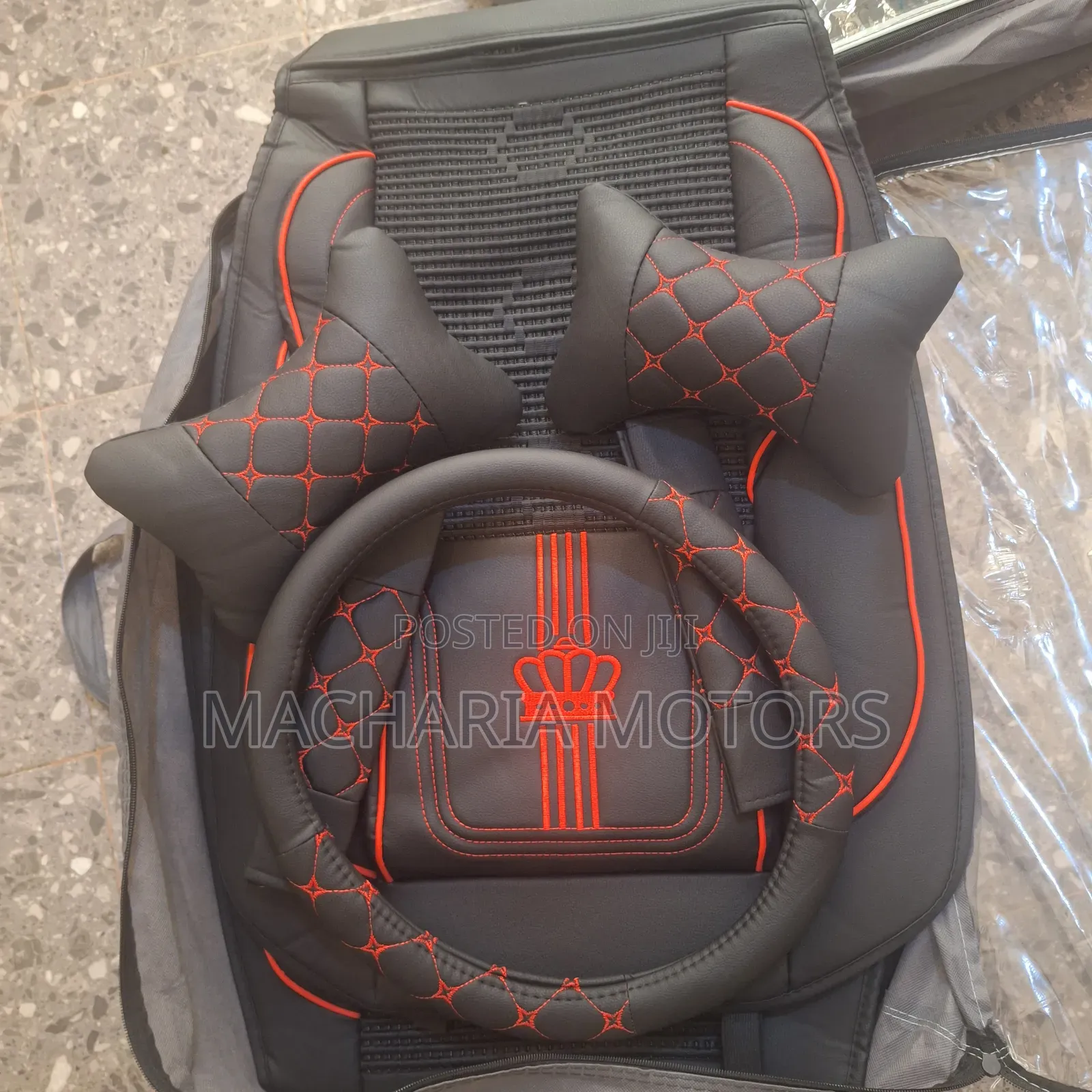 Black Red Stitched 5 Seater Universal Floor Mats.