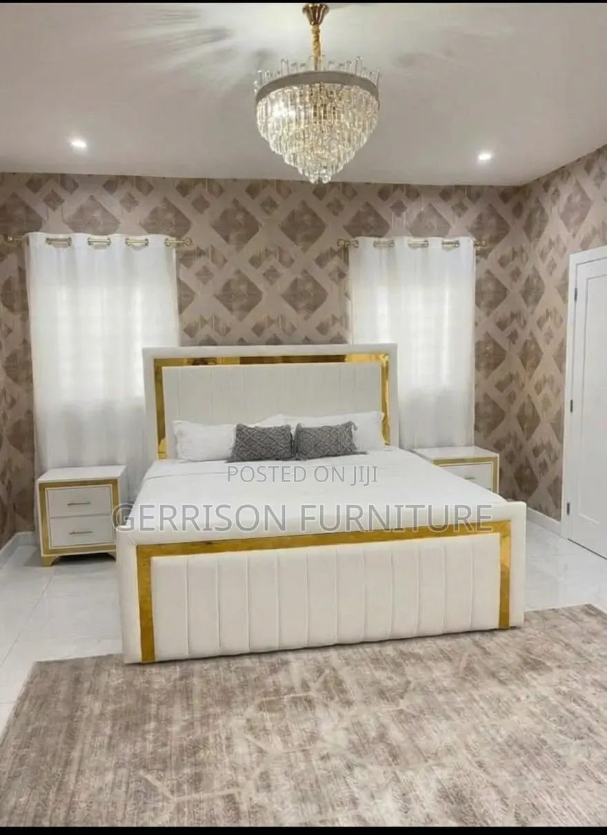 Modern White Velvet Bed Set With Gold Mirror Trim & 2 Nightstands