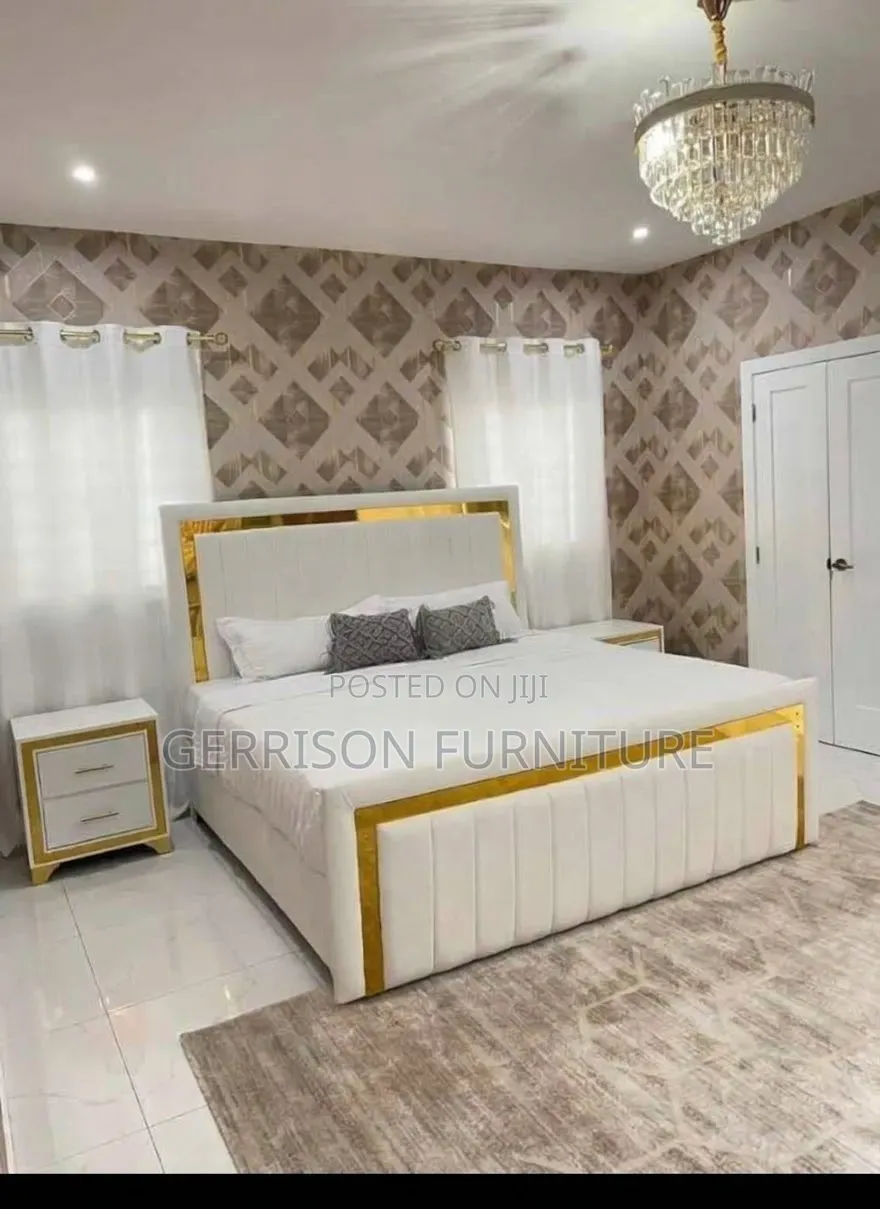 Modern White Velvet Bed Set With Gold Mirror Trim & 2 Nightstands