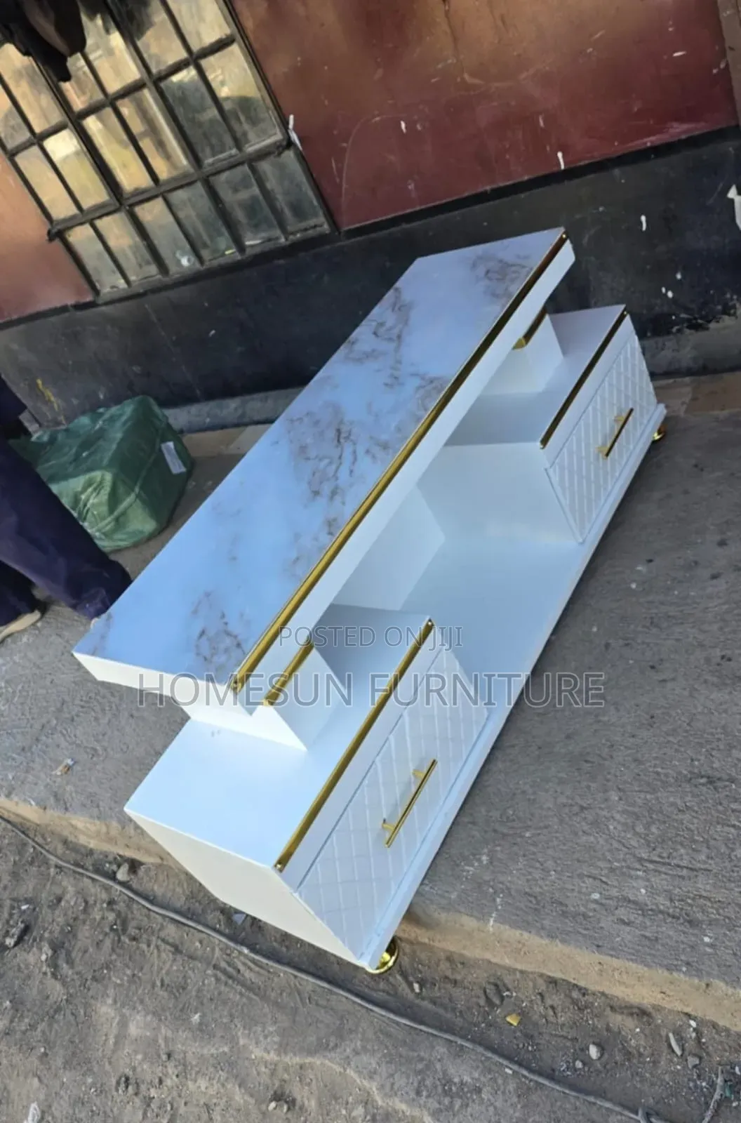 TV Stand With Marble Finish and Gold Accents