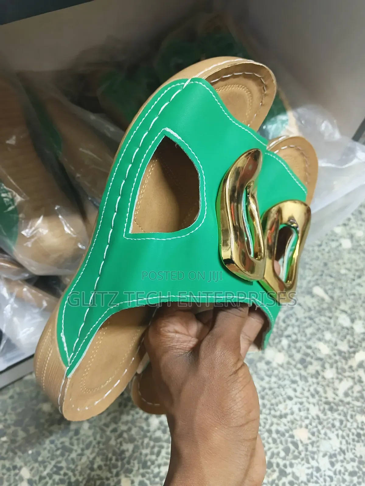 Ladies’ Green Open-Toe Slide Sandals With Gold Buckle Accent