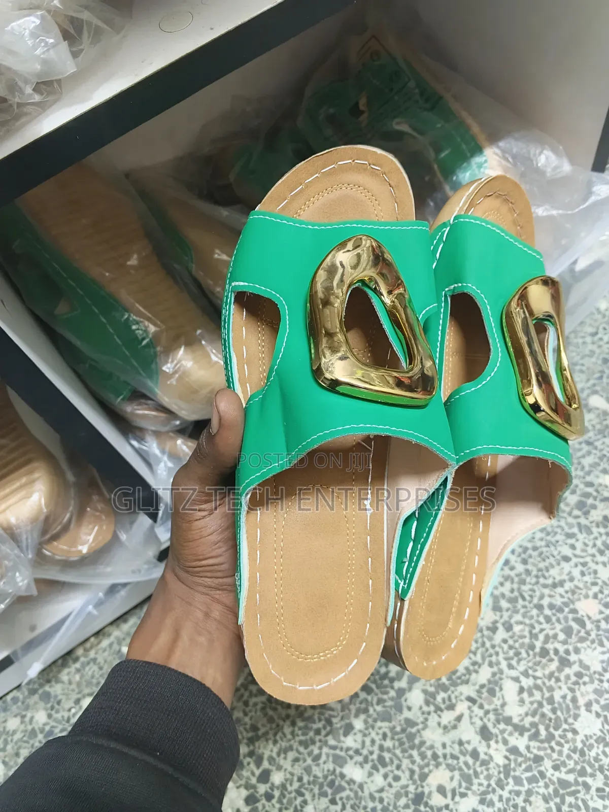 Ladies’ Green Open-Toe Slide Sandals With Gold Buckle Accent