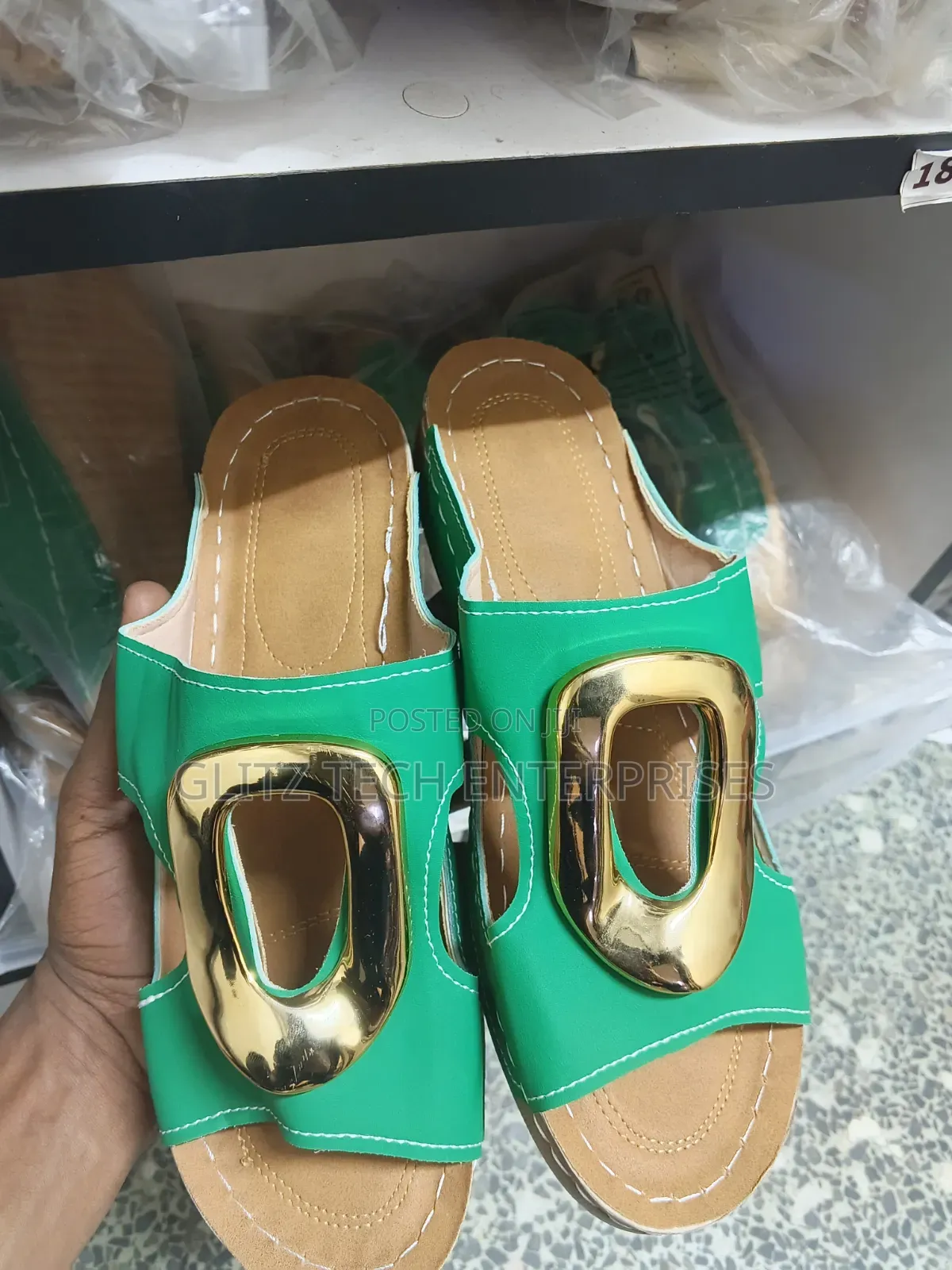 Ladies’ Green Open-Toe Slide Sandals With Gold Buckle Accent