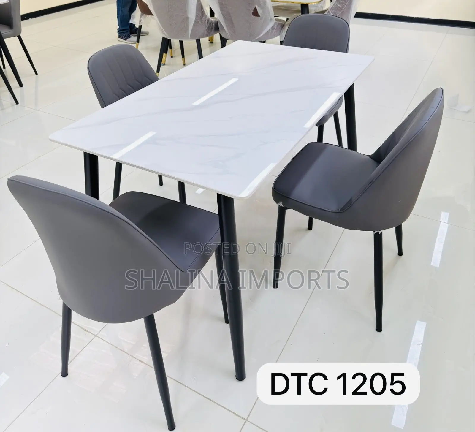 Modern White Marble Dining Table Set With 4 Grey Upholstered Chairs