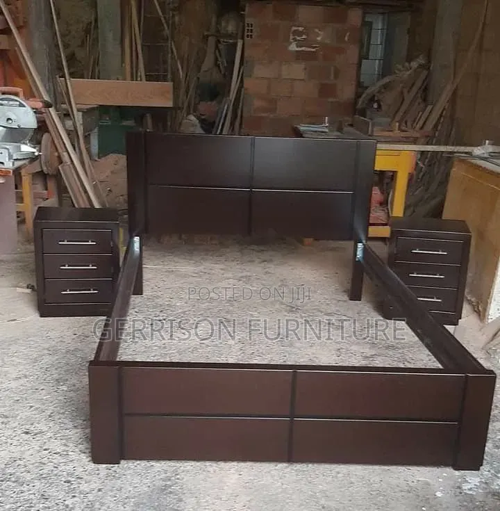 Modern Executive Dark Brown Hardwood Bed Frame With 2 Bedside Tables