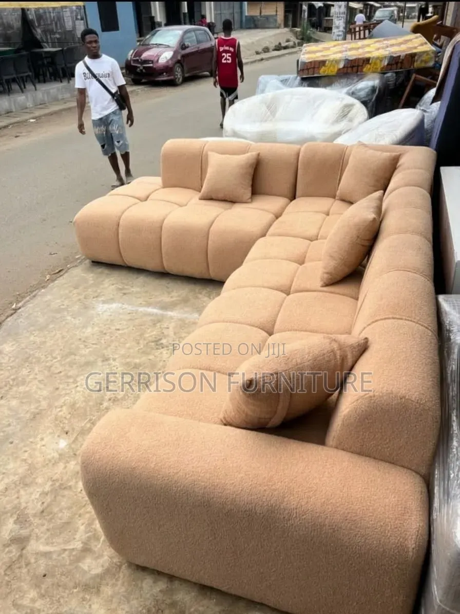 Modern Camel Nude Bouclé Bubble L-Shaped Sectional Sofa + Pillows