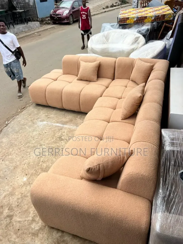 Modern Camel Nude Bouclé Bubble L-Shaped Sectional Sofa + Pillows