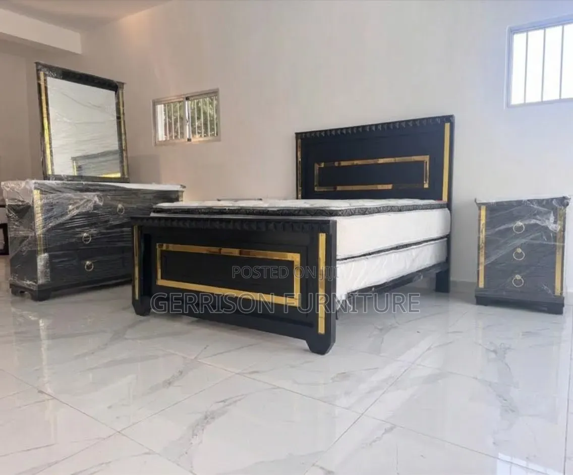 Executive Black,Gold Set (Bed Frame + Vanity Dresser + Nightstands)