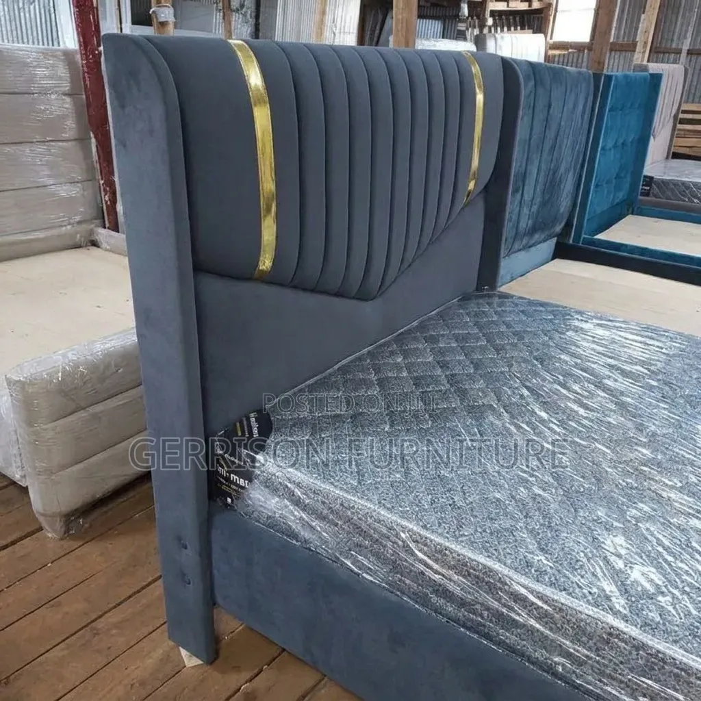 Luxury 5x6 Charcoal Grey Bed With Gold Strips & 10inch Mattress Combo