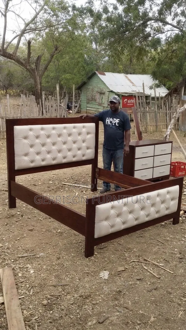 Luxury Mahogany Solid Wood Tufted Bed Frame + 6-Drawer Dresser Set