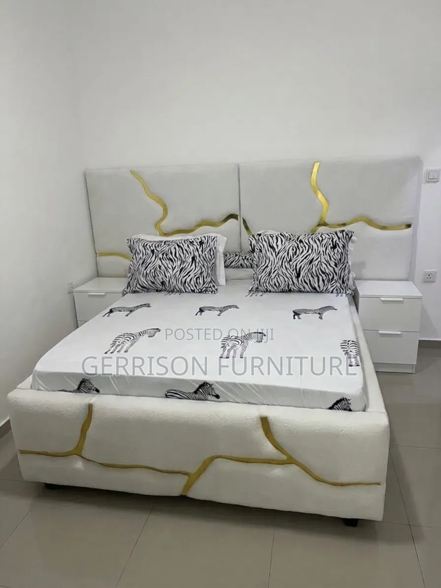 Luxury 5x6 Cream Bouclé Bed, 8" Mattress & Matching Side Drawers