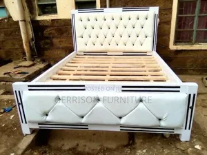 Luxury 5x6 White Panel Wooden Bed With Diamond Button-Tufted Cushion