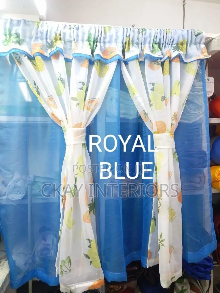 Total Blue and Maroon Fruit Themed Kitchen Curtains