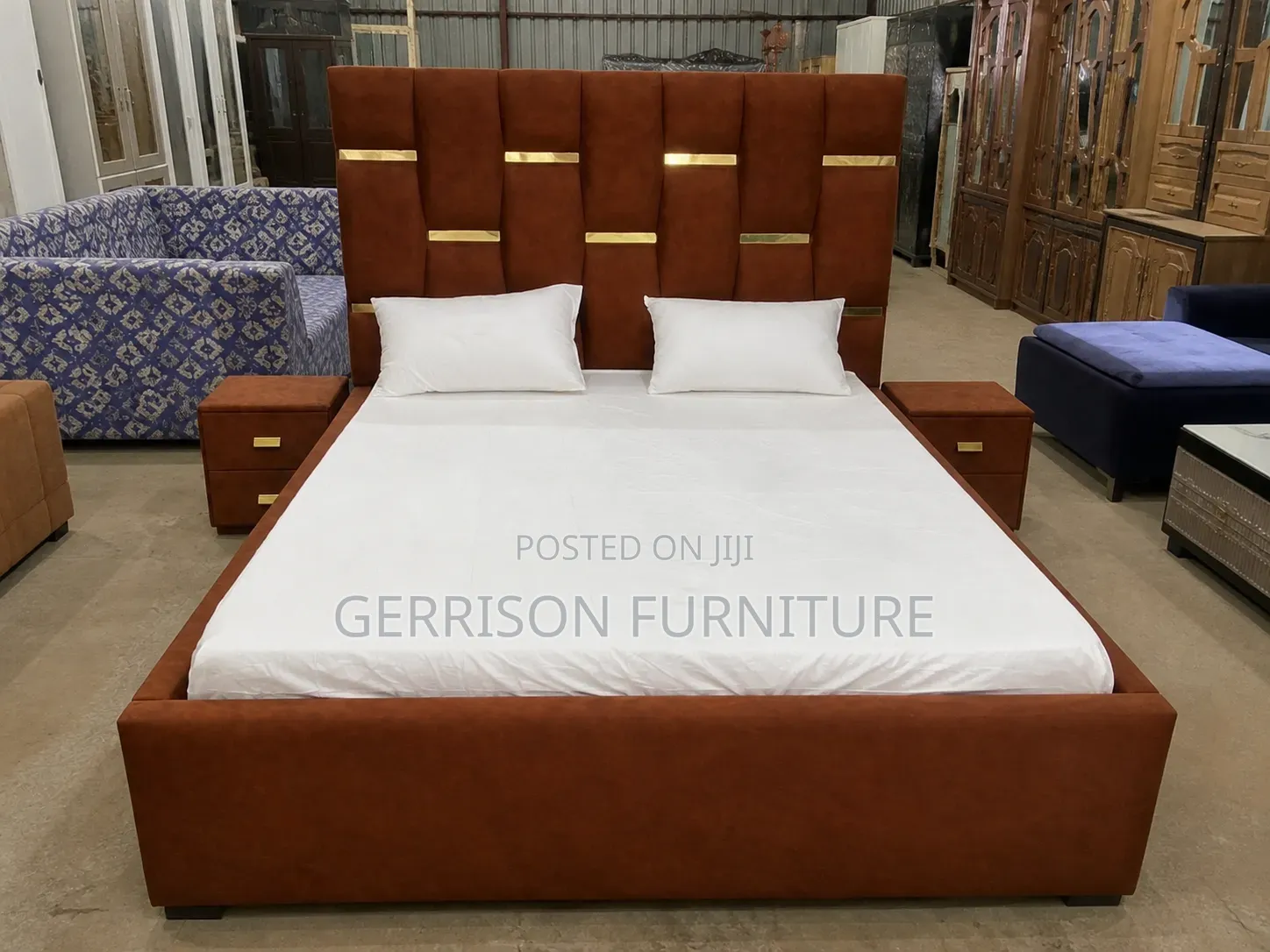 Modern Rust Brown Upholstered Bed Set With Metallic Gold Accents