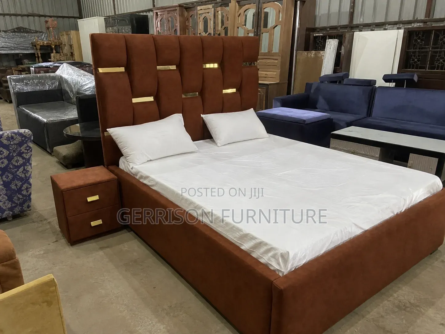 Modern Rust Brown Upholstered Bed Set With Metallic Gold Accents