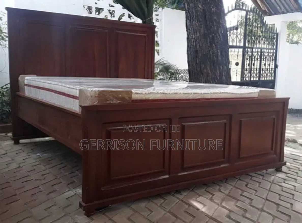 5x6 Mahogany-Stained Wooden Bed With 8" High Density Mattress Set
