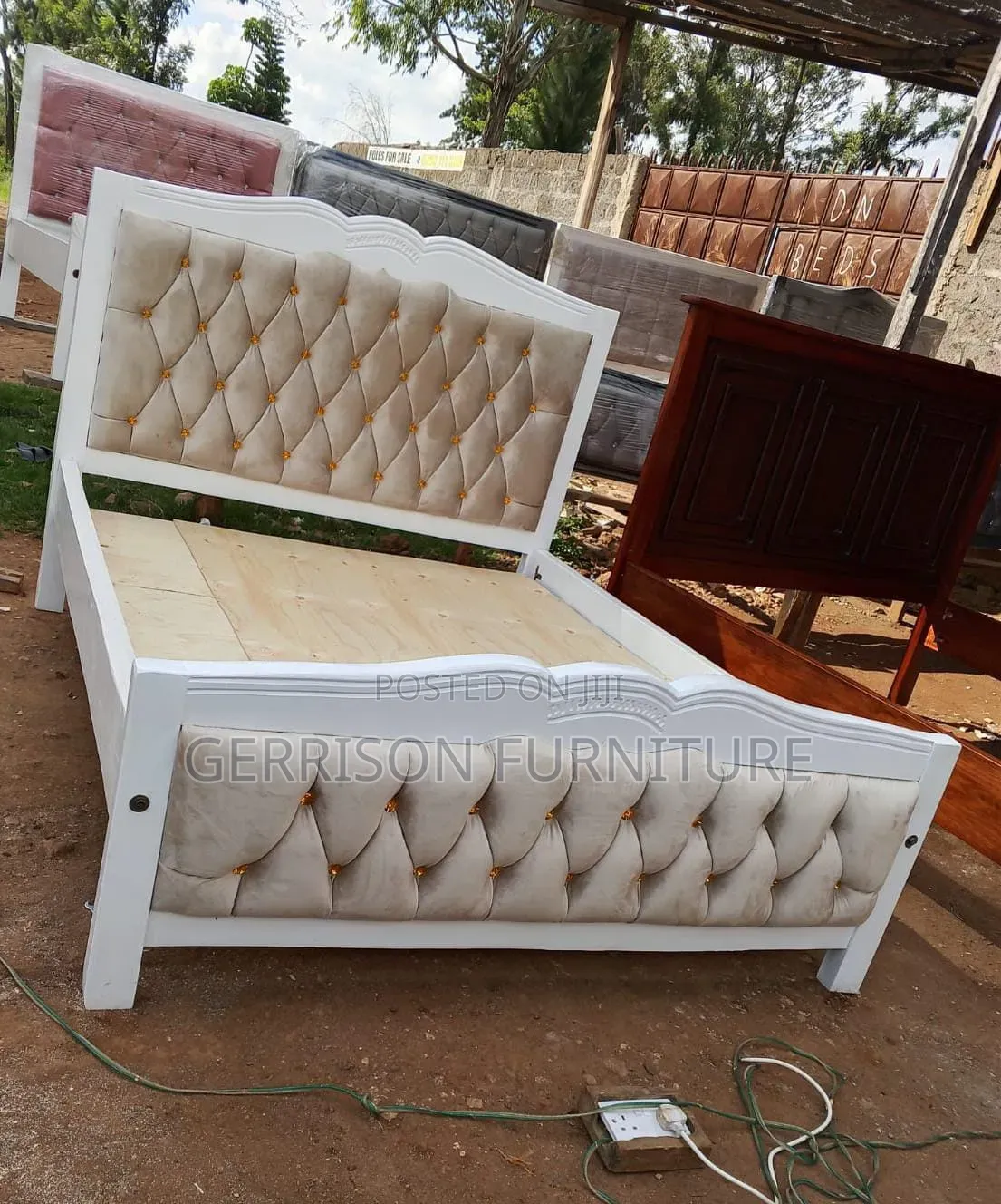 Elegant 5x6 White Wooden Bed Frame - Tufted Headboard