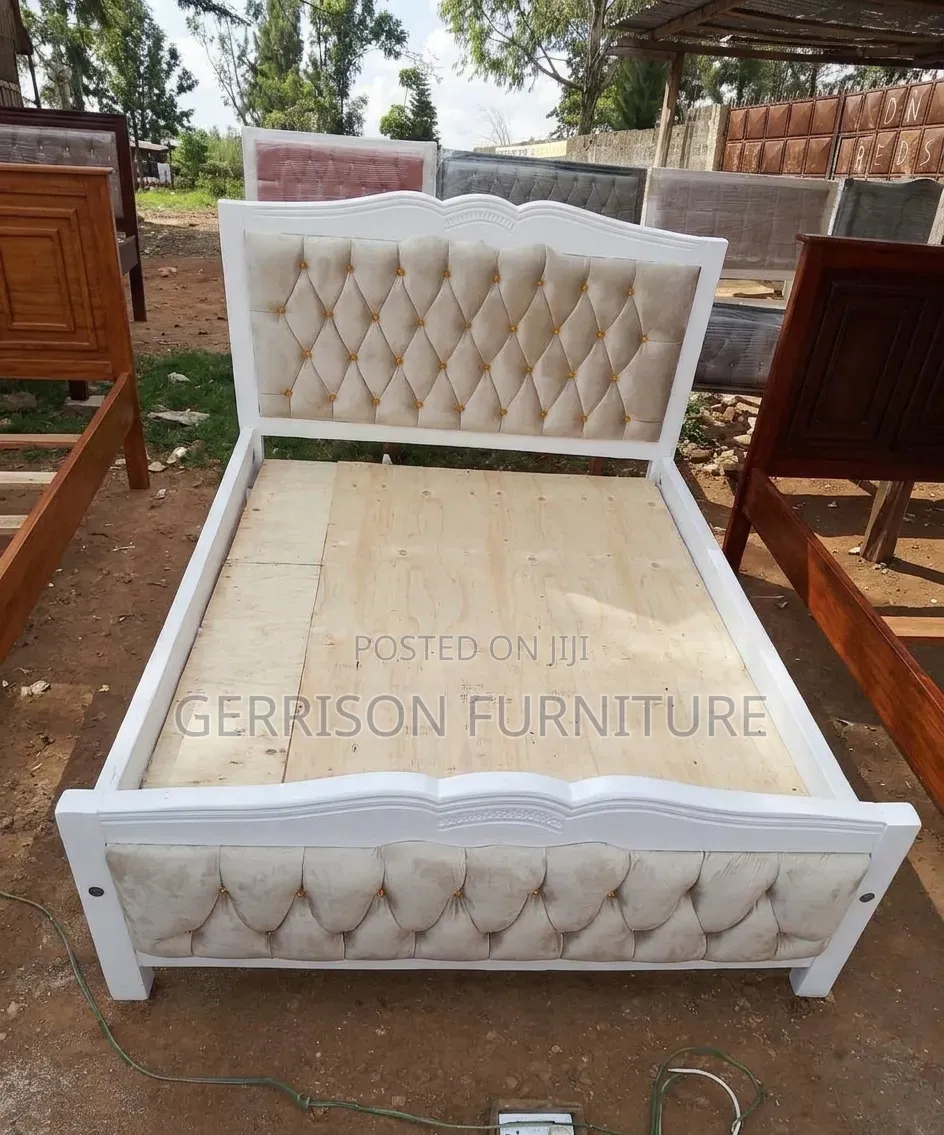 Elegant 5x6 White Wooden Bed Frame - Tufted Headboard