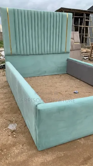 Modern 5x6 Mint Green Velvet Bed Frame With Gold Piping