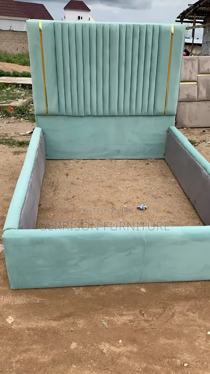 Modern 5x6 Mint Green Velvet Bed Frame With Gold Piping