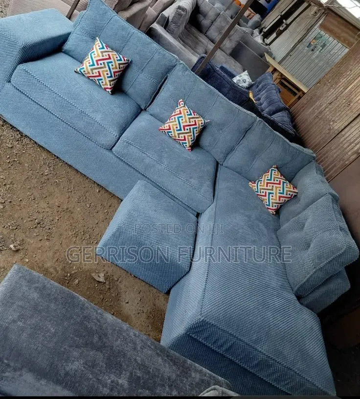 Premium 6-Seater Powder Blue Corduroy Corner Sofa Set With Pouf