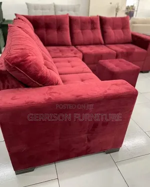 Premium 6-Seater Maroon Velvet L-Shaped Corner Sofa Set With Pouf