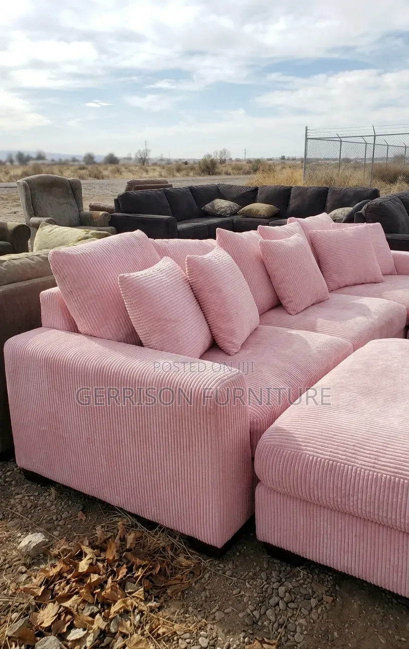 Premium 5-Seater Baby Pink Corduroy Modular Sofa & Massive Ottoman