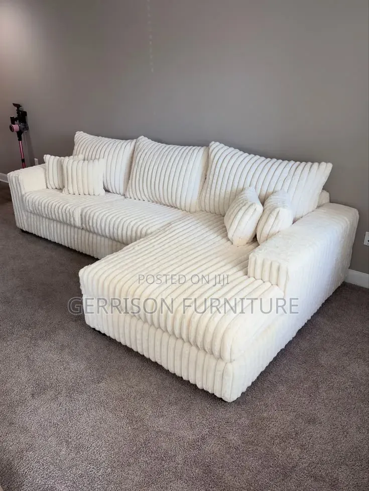 Premium Cream White Corduroy L-Shaped Sectional Couch (4-Seater)