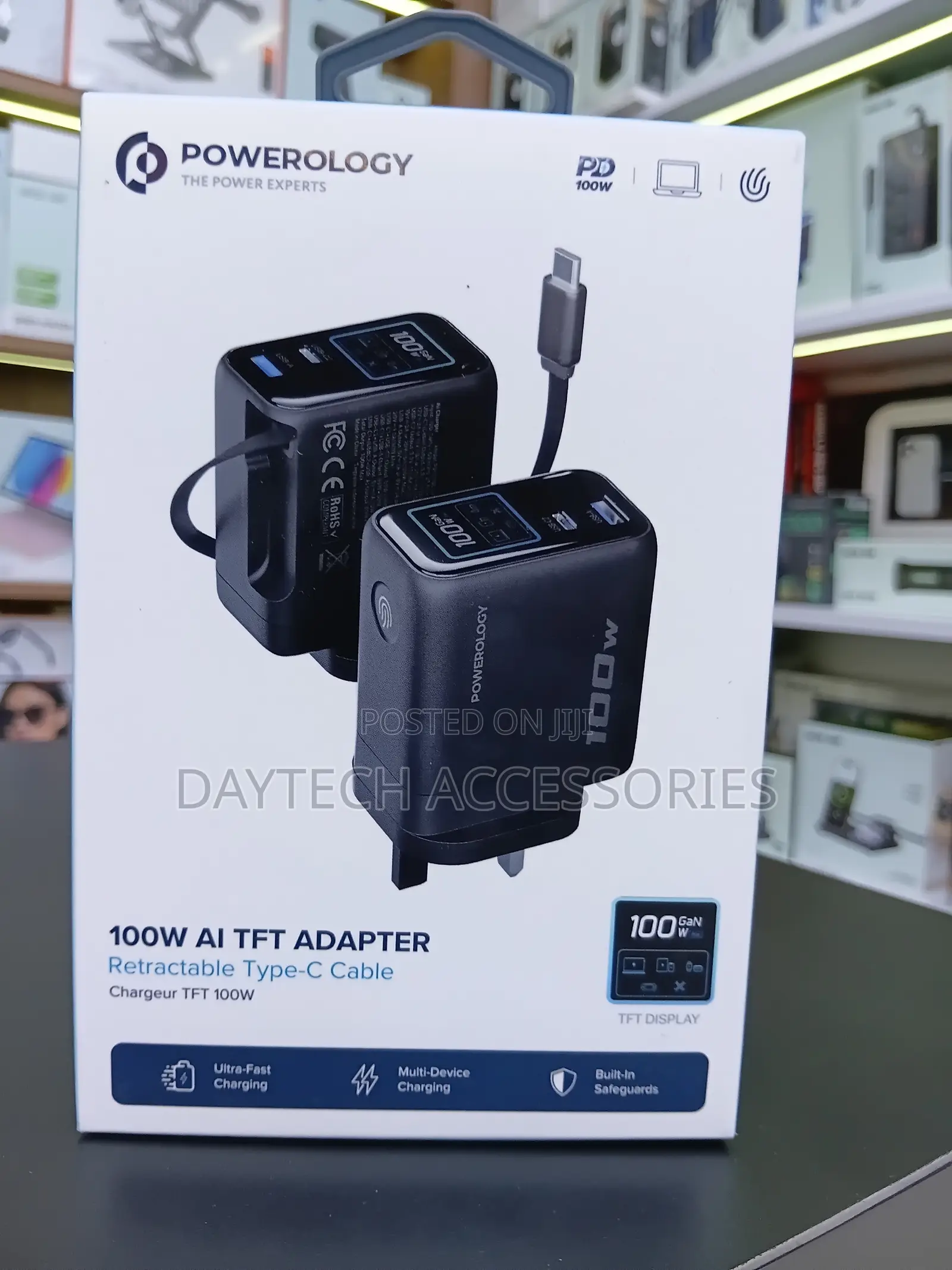 Powerology 100W TFT Adapter With Retractable Type-C Cable - Black