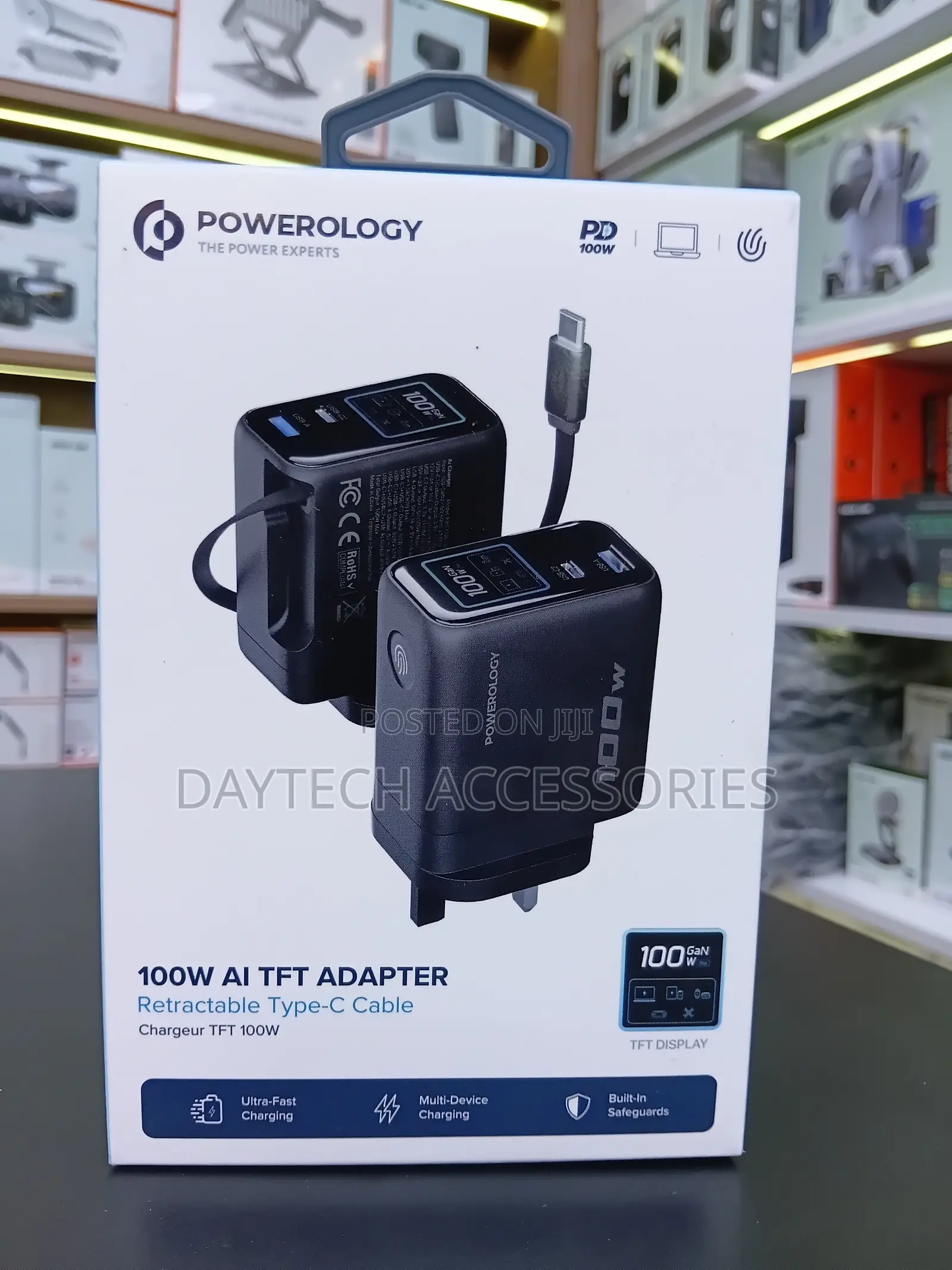 Powerology 100W TFT Adapter With Retractable Type-C Cable - Black