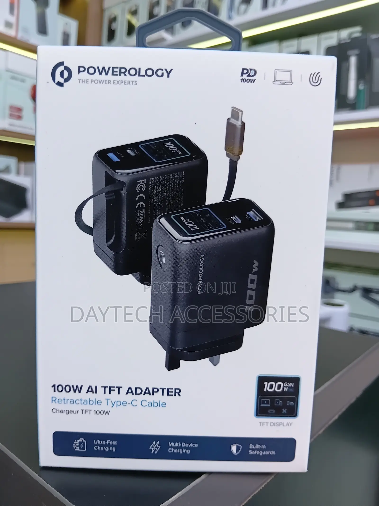 Powerology 100W TFT Adapter With Retractable Type-C Cable - Black