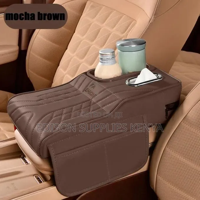 Car Armrest Pad Organizer With Cup Holders & Tissue Dispenser,